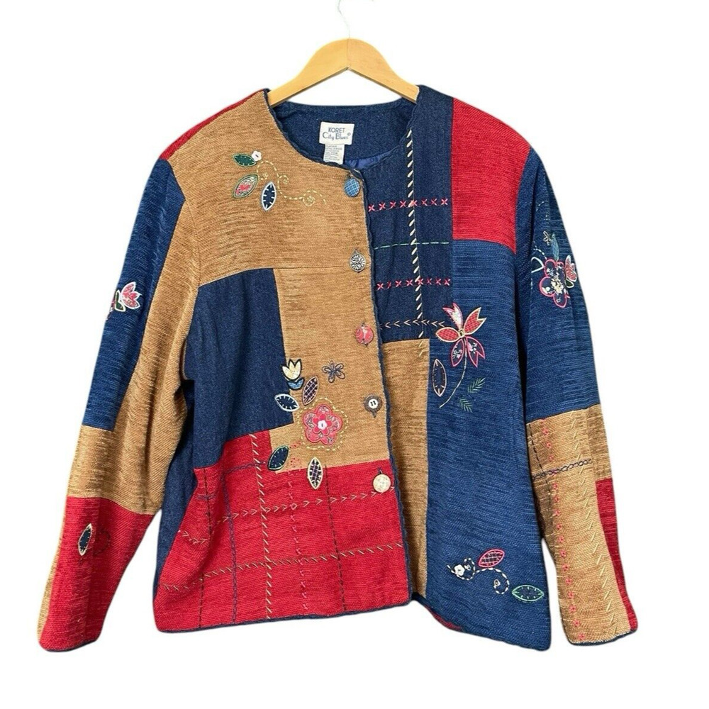 Koret City Blues Embroidered Patchwork Jacket Women 20W Floral Denim Vintage 80s - Picture 1 of 14